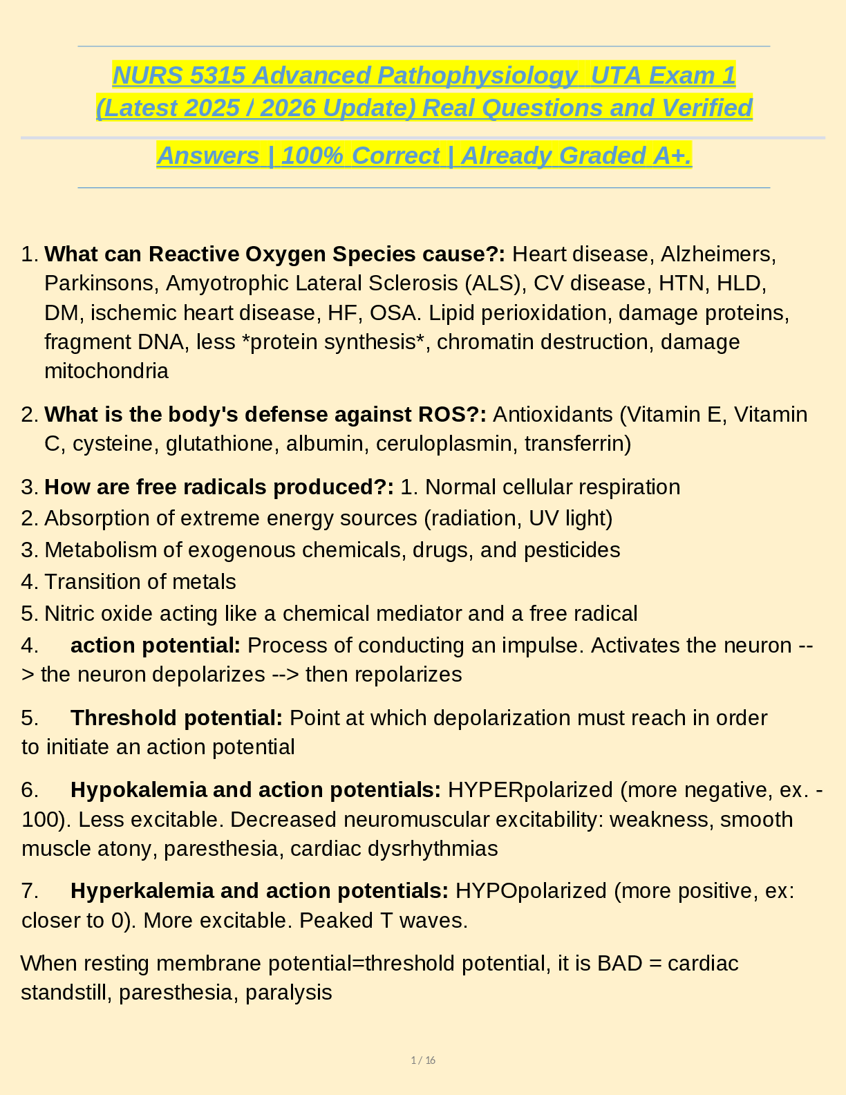 Preview of NURS 5315 Advanced Pathophysiology  (Latest  2025  /  2026  Update)  Real  UTA Exam 1   Qu