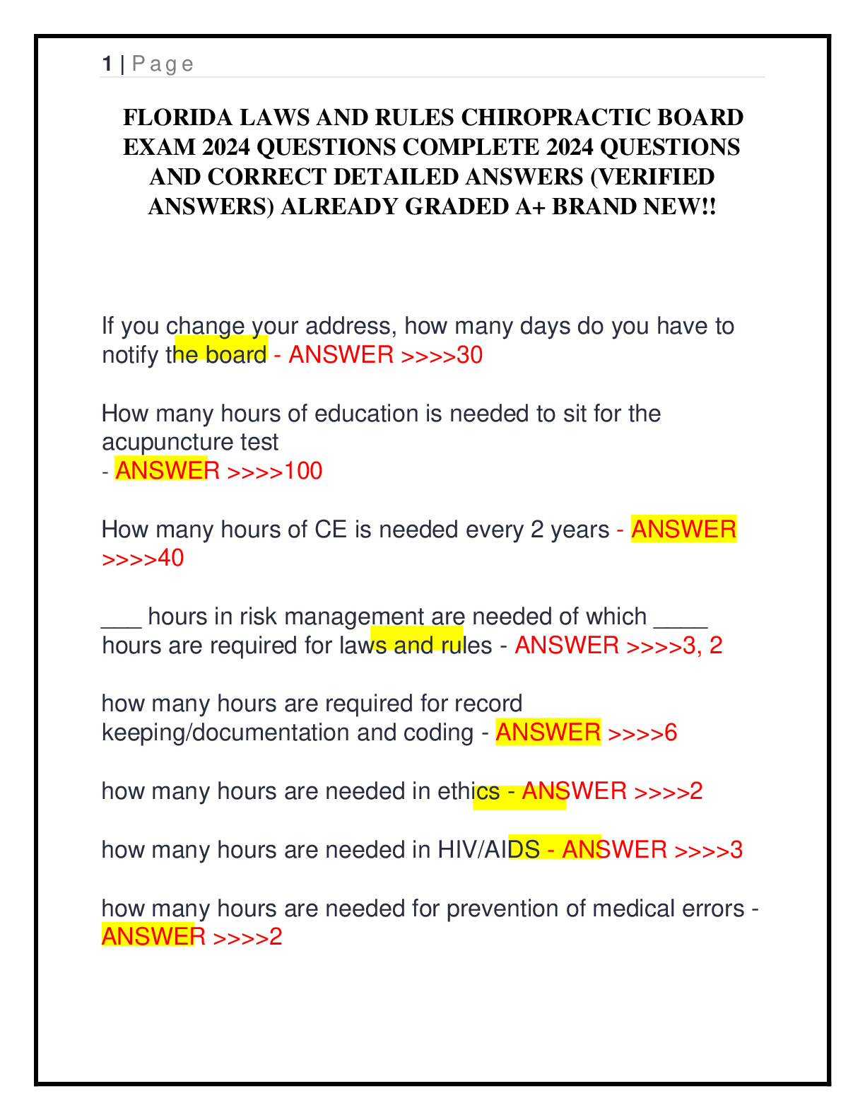 Preview of FLORIDA LAWS AND RULES CHIROPRACTIC BOARD   EXAM 2024 QUESTIONS COMPLETE 2024 QUESTIONS