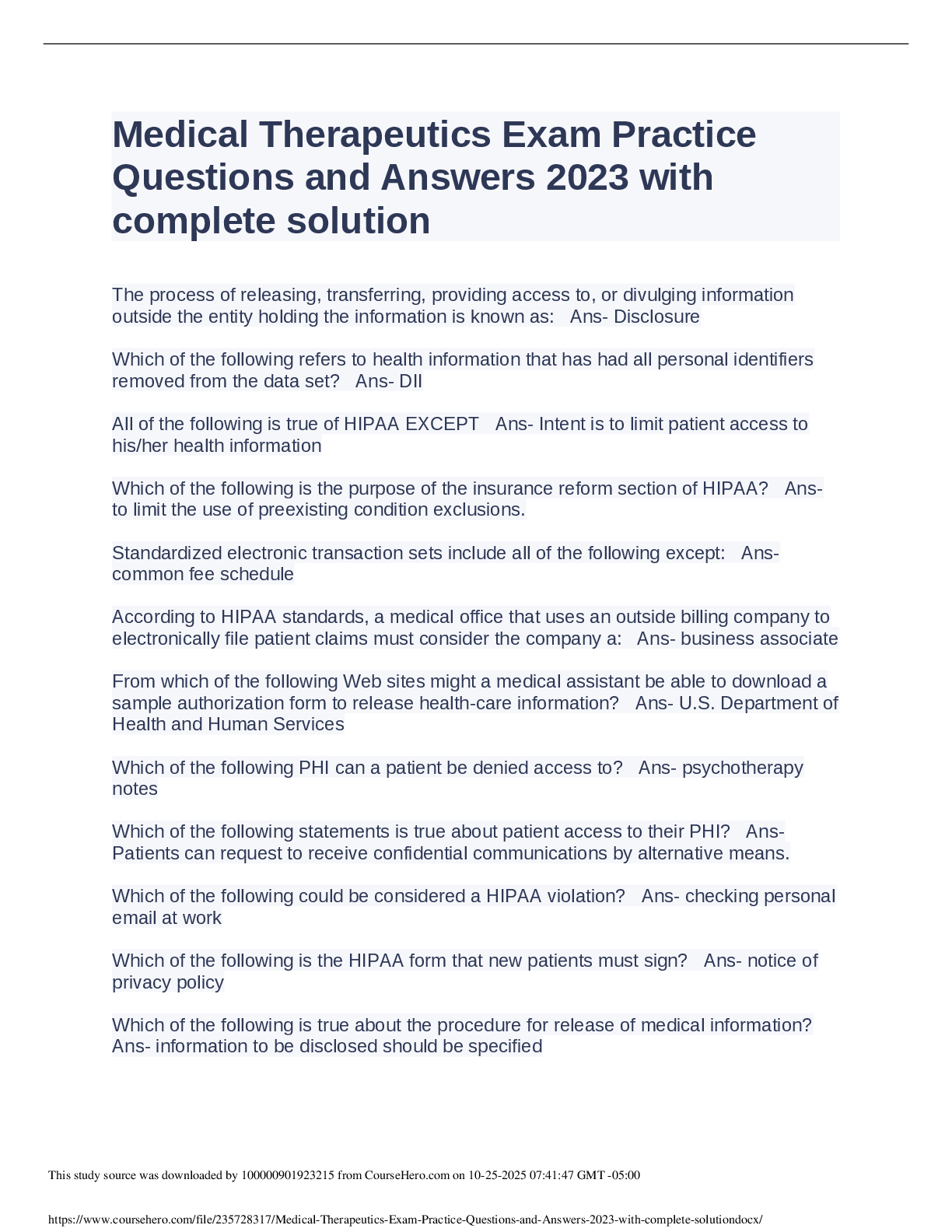 Preview image for Medical Therapeutics Exam Practice  Questions and Answers 2023 with  complete solution