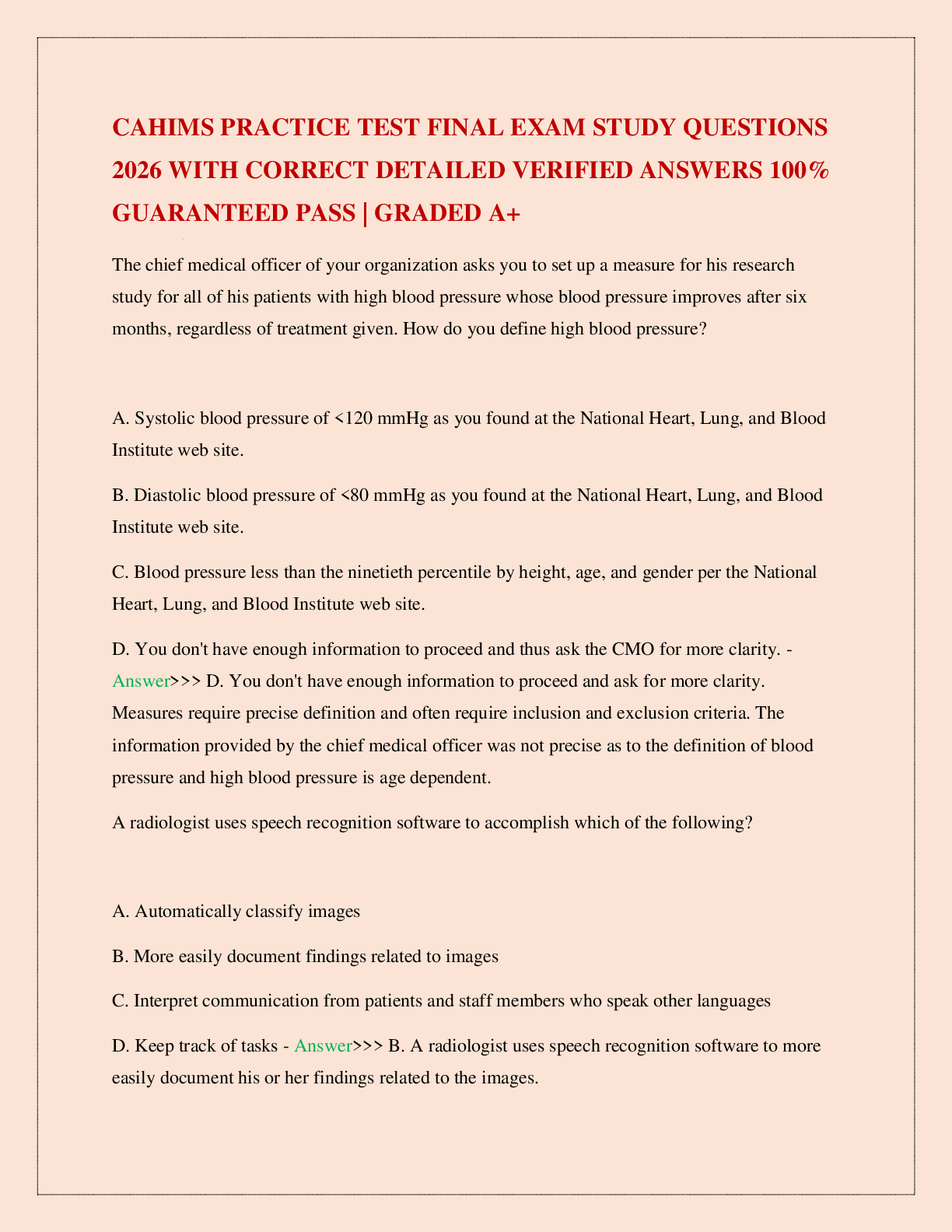 Preview image for CAHIMS PRACTICE TEST FINAL EXAM STUDY QUESTIONS 2026 WITH CORRECT DETAILED VERIFIED ANSWERS 100% GUARANTEED PASS | GRADED A+