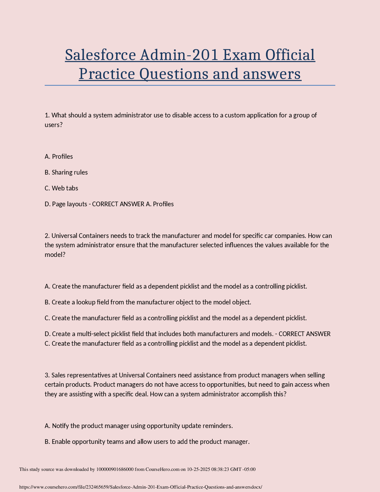 Preview image for Salesforce Admin-201 Exam Official  Practice Questions and answers