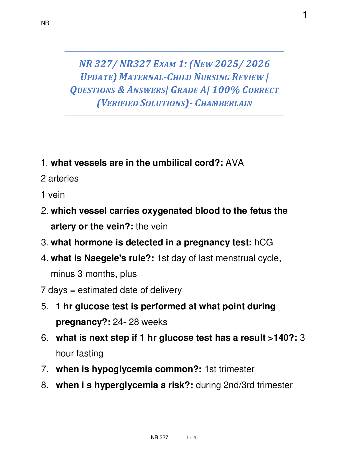 Preview of NR 327/ NR327 EXAM 1: (NEW 2025/ 2026  UPDATE) MATERNAL-CHILD NURSING REVIEW |  QUESTIONS &amp; ANSWERS| GRADE A| 100% CORRECT  (VERIFIED SOLUTIONS)- CHAMBERLAIN
