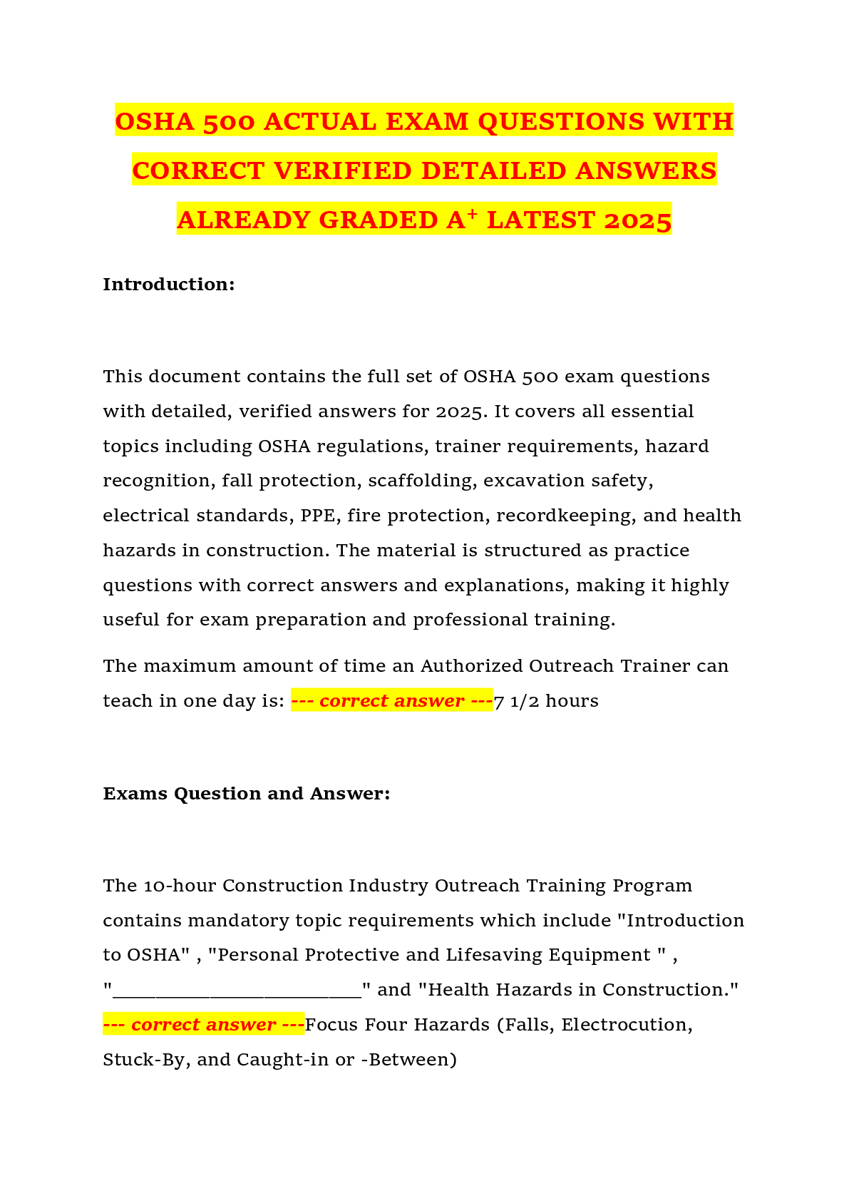 Preview image for OSHA 500 ACTUAL EXAM QUESTIONS WITH  CORRECT VERIFIED DETAILED ANSWERS  ALREADY GRADED A+ LATEST 2025