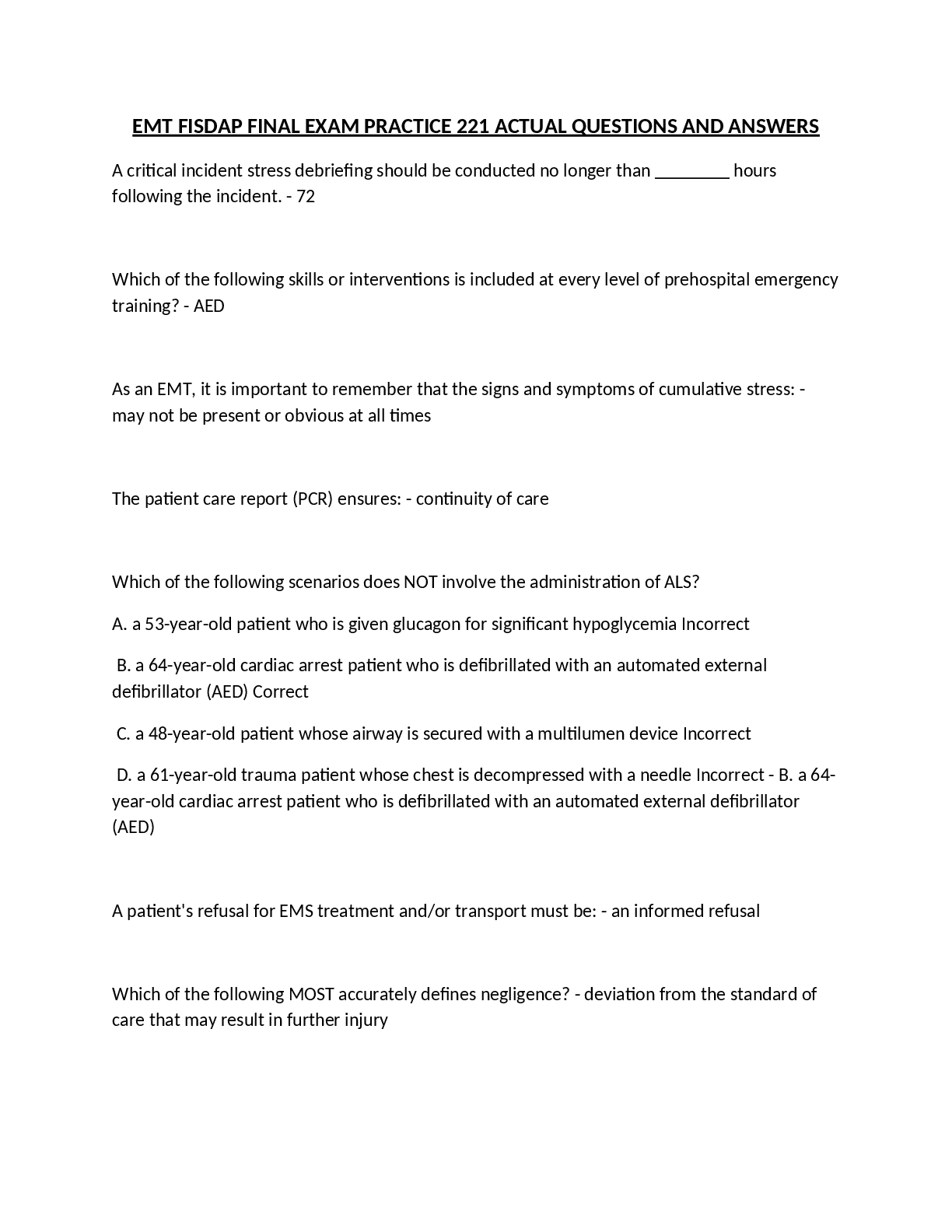 Preview image for EMT FISDAP FINAL EXAM PRACTICE 221 ACTUAL QUESTIONS AND ANSWERS