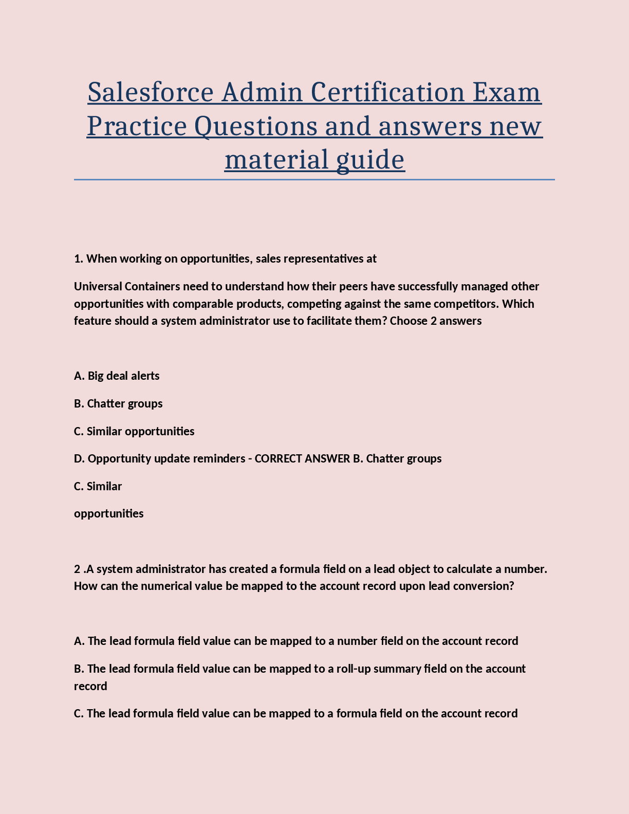 Salesforce Admin Certification Exam  Practice Questions and answers new  material guide