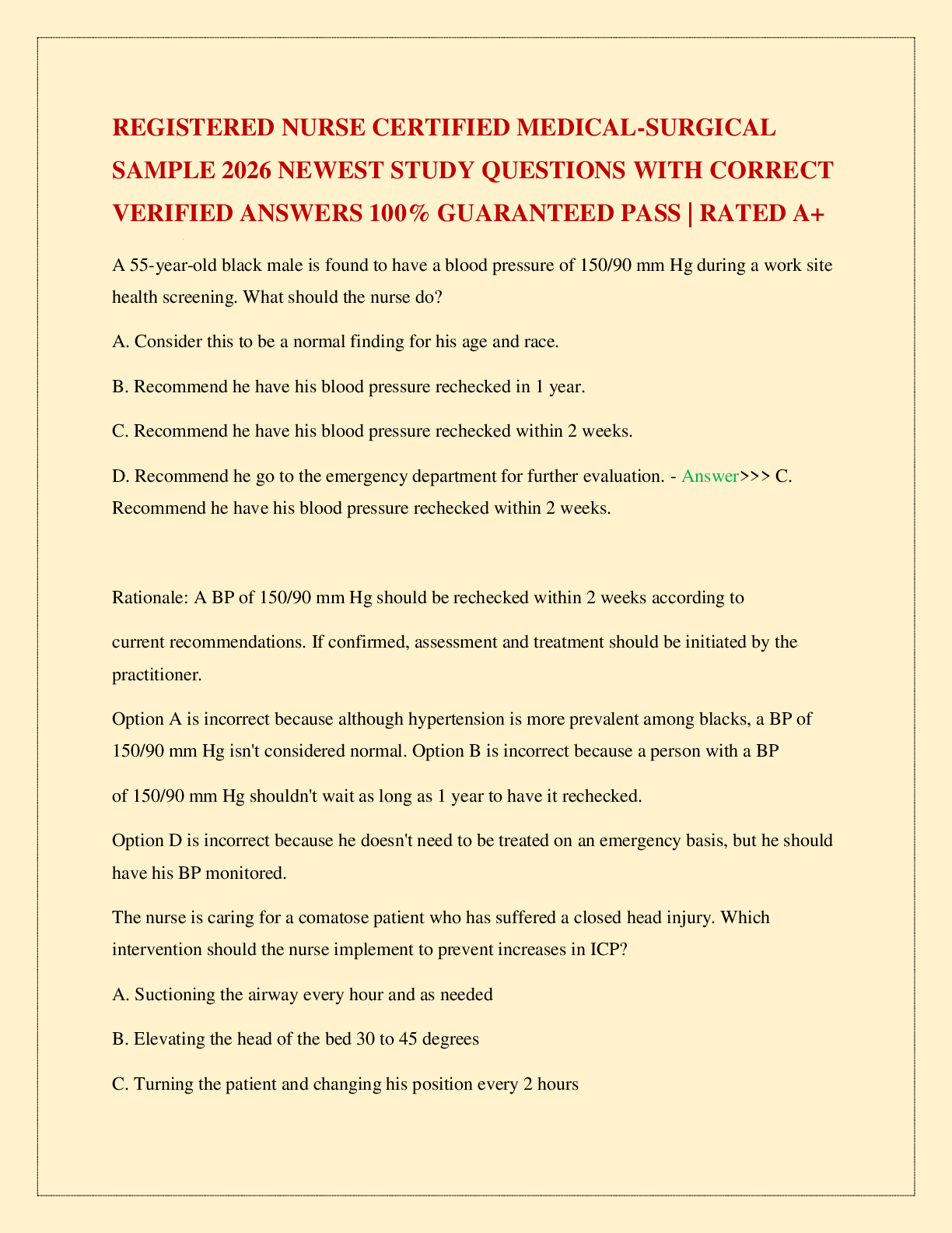 Preview image for REGISTERED NURSE CERTIFIED MEDICAL-SURGICAL SAMPLE 2026 NEWEST STUDY QUESTIONS WITH CORRECT VERIFIED ANSWERS 100% GUARANTEED PASS | RATED A+