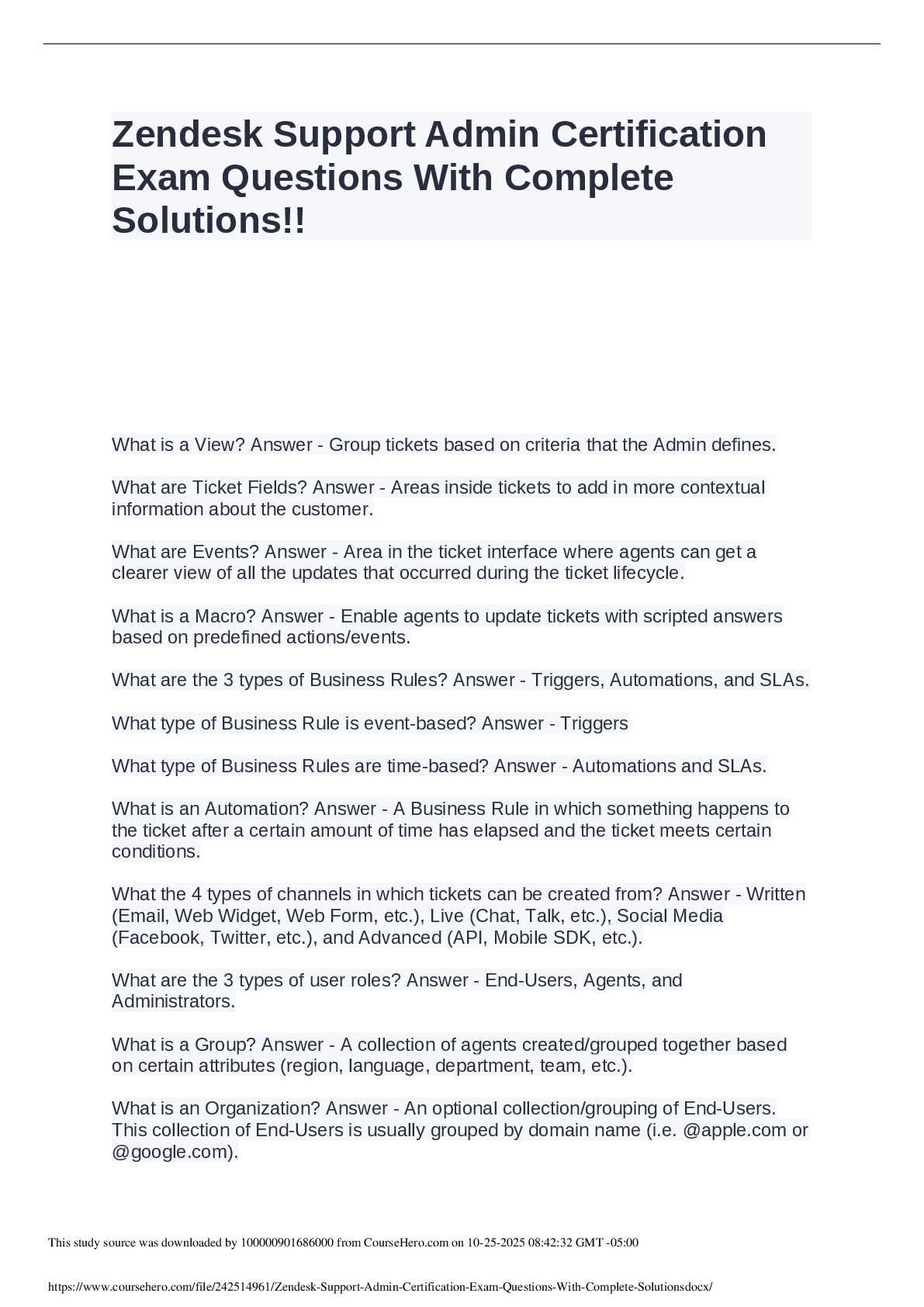 Recommended document preview for Zendesk Support Admin Certification  Exam Questions With Complete  Solutions!!