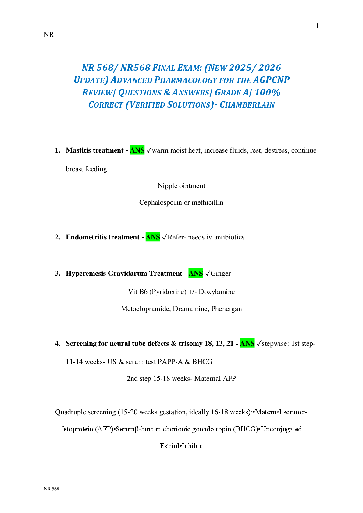 Preview image for NR 568/ NR568 FINAL EXAM: (NEW 2025/ 2026  UPDATE) ADVANCED PHARMACOLOGY FOR THE AGPCNP  REVIEW| QUESTIONS & ANSWERS| GRADE A| 100%  CORRECT (VERIFIED SOLUTIONS)- CHAMBERLAIN