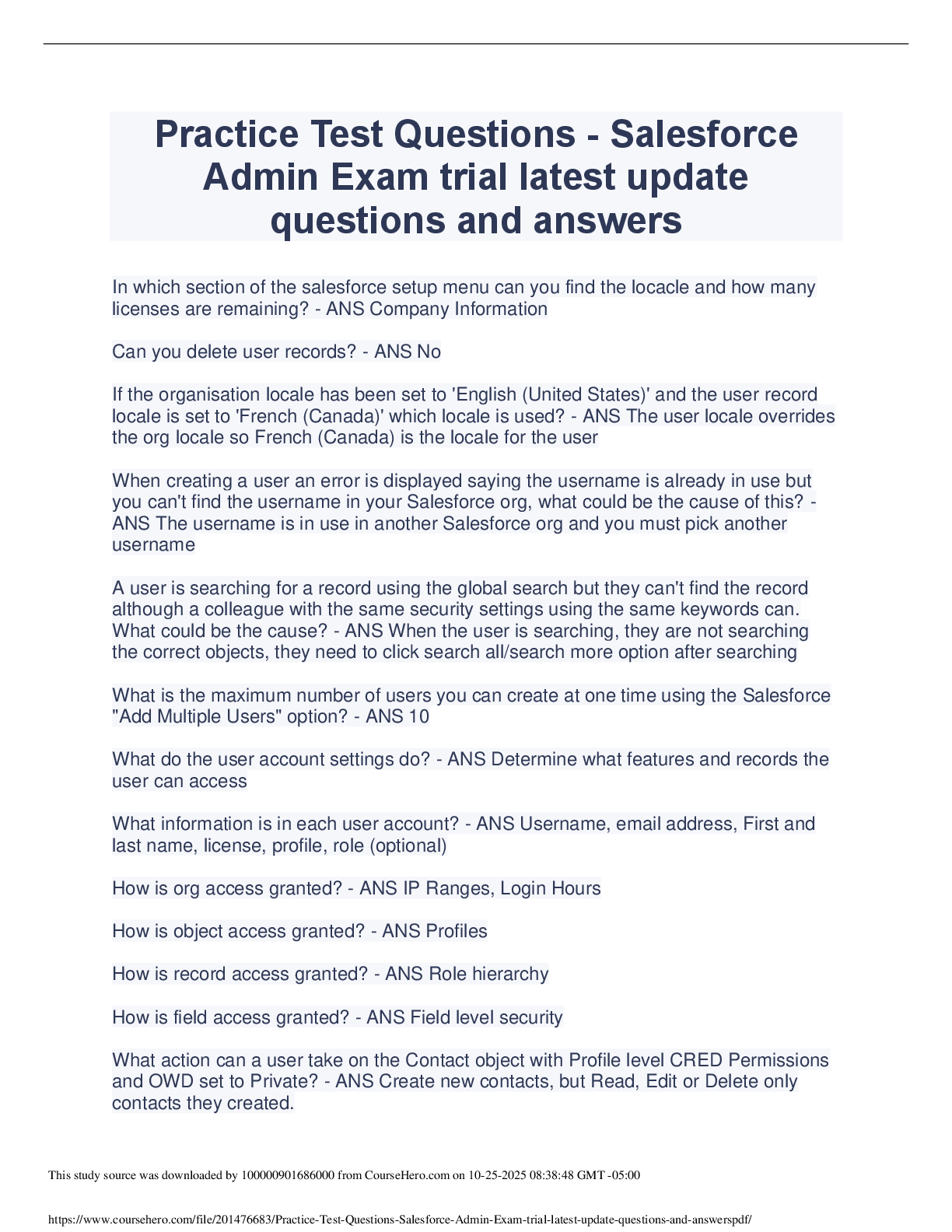 Practice Test Questions - Salesforce  Admin Exam trial latest update  questions and answers
