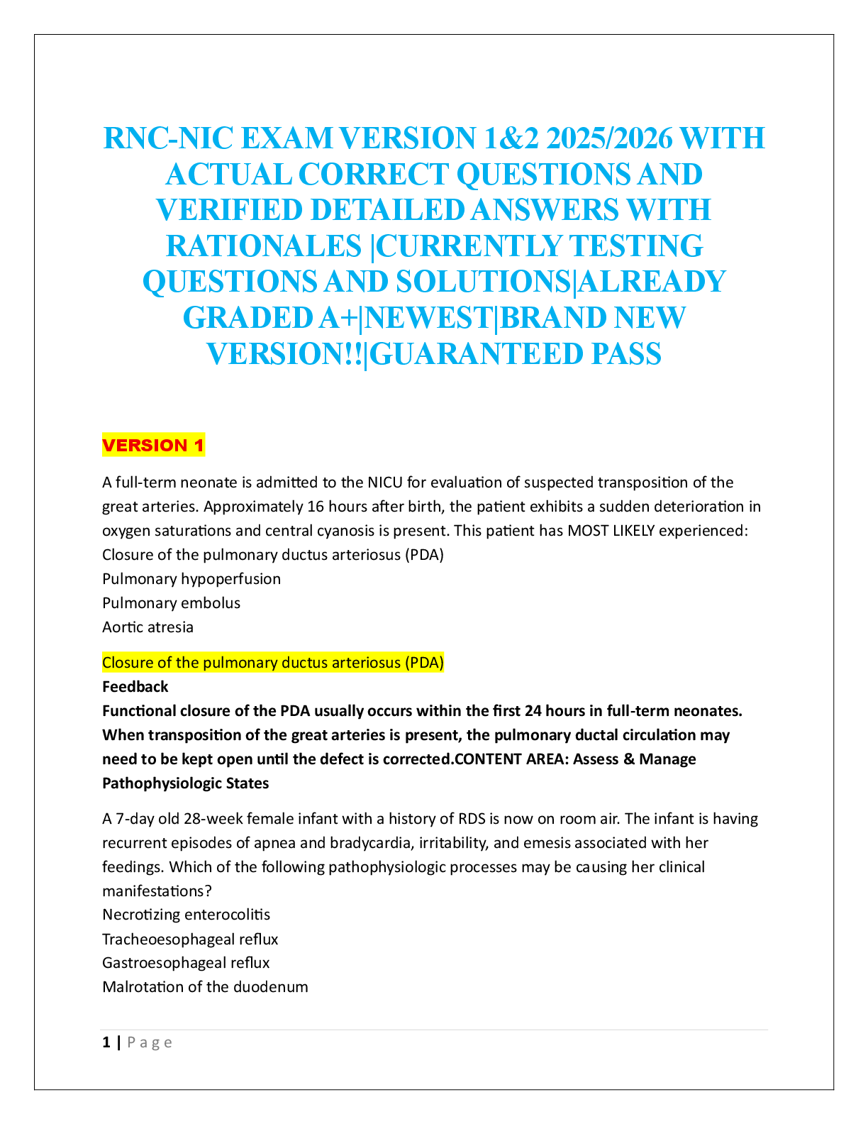 RNC-NIC EXAM VERSION 1&2  
