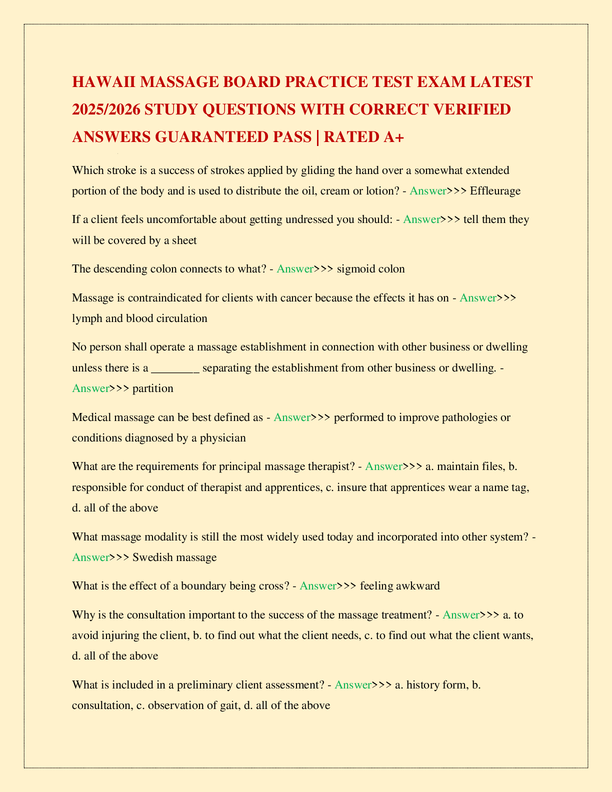 Preview image for HAWAII MASSAGE BOARD PRACTICE TEST EXAM LATEST 2025/2026 STUDY QUESTIONS WITH CORRECT VERIFIED ANSWERS GUARANTEED PASS | RATED A+