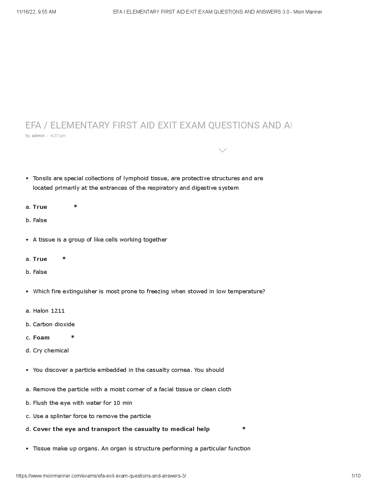 Preview of EFA / ELEMENTARY FIRST AID EXIT EXAM QUESTIONS AND AN