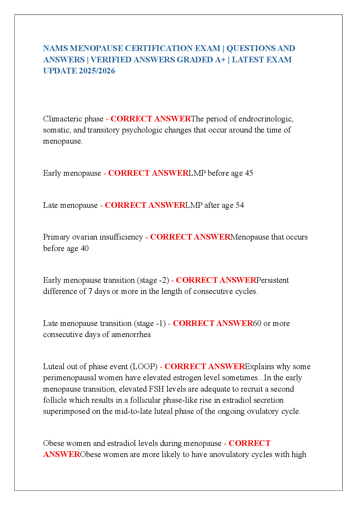Preview image for NAMS MENOPAUSE CERTIFICATION EXAM | QUESTIONS AND  ANSWERS | VERIFIED ANSWERS GRADED A+ | LATEST EXAM  UPDATE 2025/2026