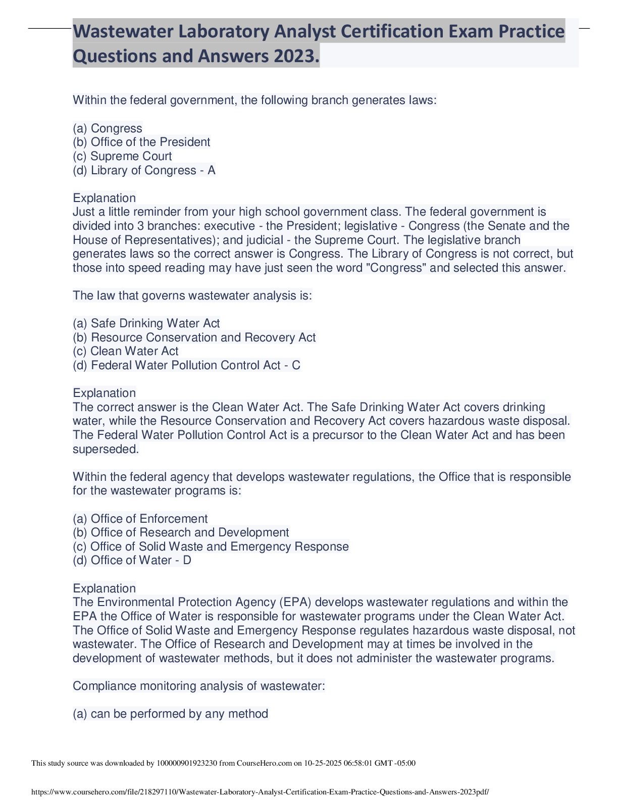 Preview image for Wastewater Laboratory Analyst Certification Exam Practice  Questions and Answers 2023.