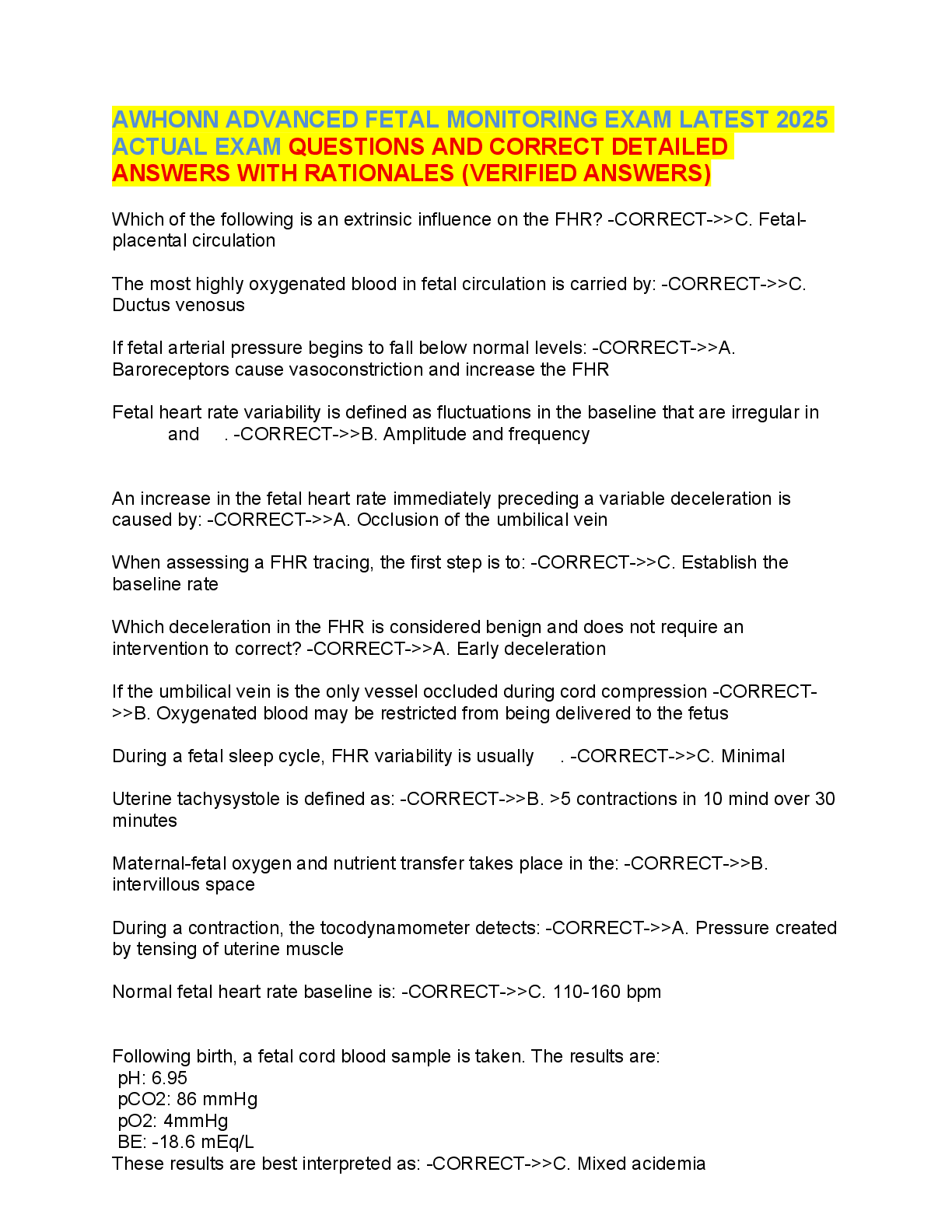 Preview image for AWHONN ADVANCED FETAL MONITORING EXAM LATEST 2025  ACTUAL EXAM QUESTIONS AND CORRECT DETAILED  ANSWERS WITH RATIONALES (VERIFIED ANSWERS)