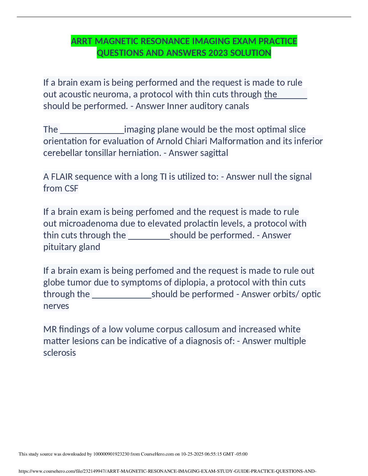 Preview image for ARRT MAGNETIC RESONANCE IMAGING EXAM PRACTICE  QUESTIONS AND ANSWERS 2023 SOLUTION