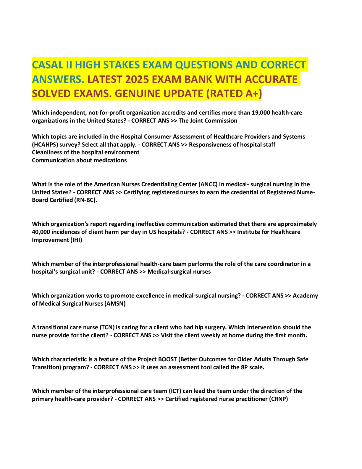 Preview image for CASAL II HIGH STAKES EXAM QUESTIONS AND CORRECT  ANSWERS. LATEST 2025 EXAM BANK WITH ACCURATE  SOLVED EXAMS. GENUINE UPDATE (RATED A+)