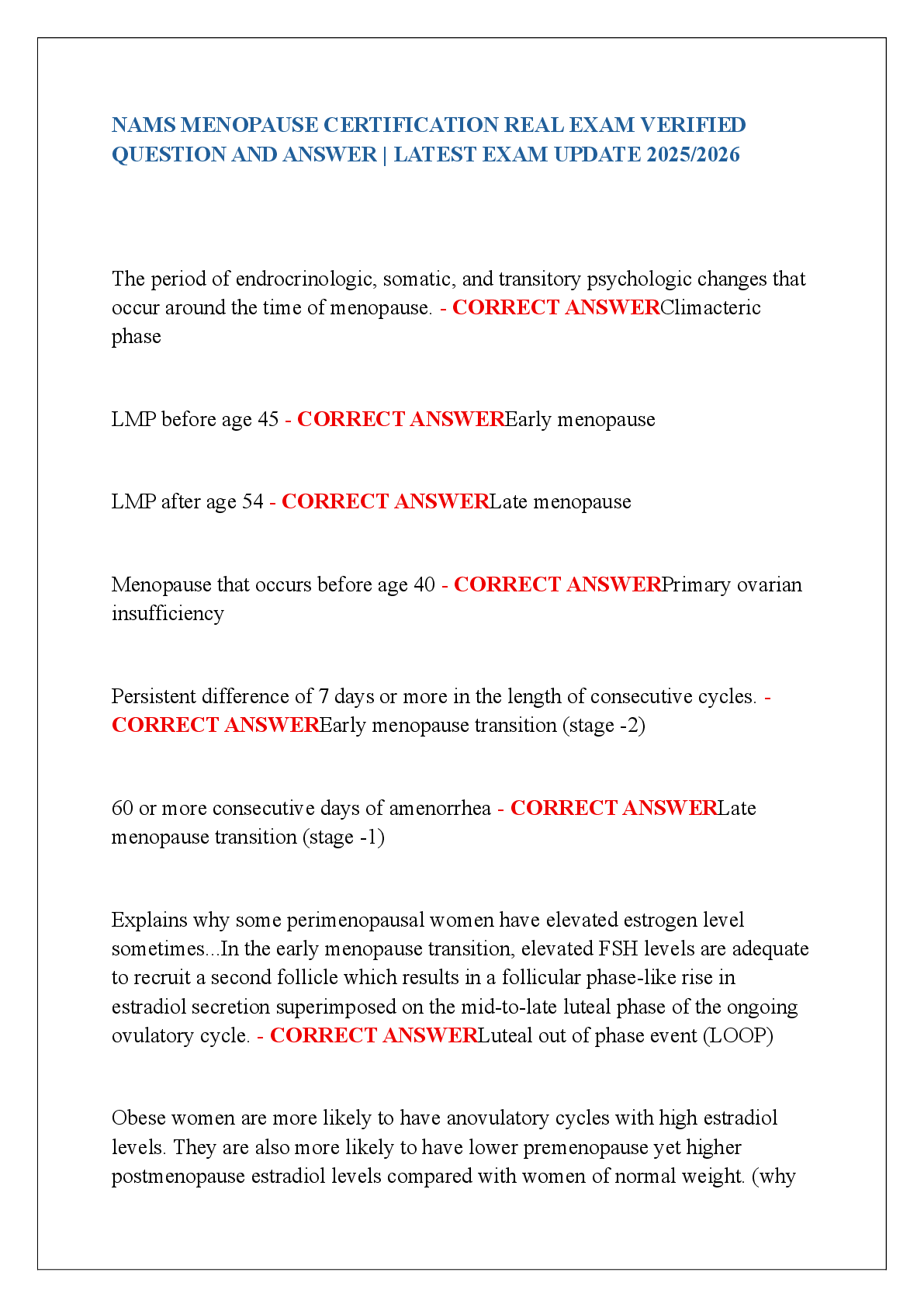 Preview image for NAMS MENOPAUSE CERTIFICATION REAL EXAM VERIFIED  QUESTION AND ANSWER | LATEST EXAM UPDATE 2025/2026