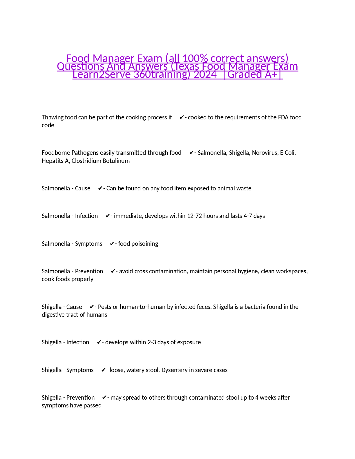Preview image for Food Manager Exam (all 100% correct answers)  Questions And Answers (Texas Food Manager Exam  Learn2Serve 360training) 2024  |Graded A+