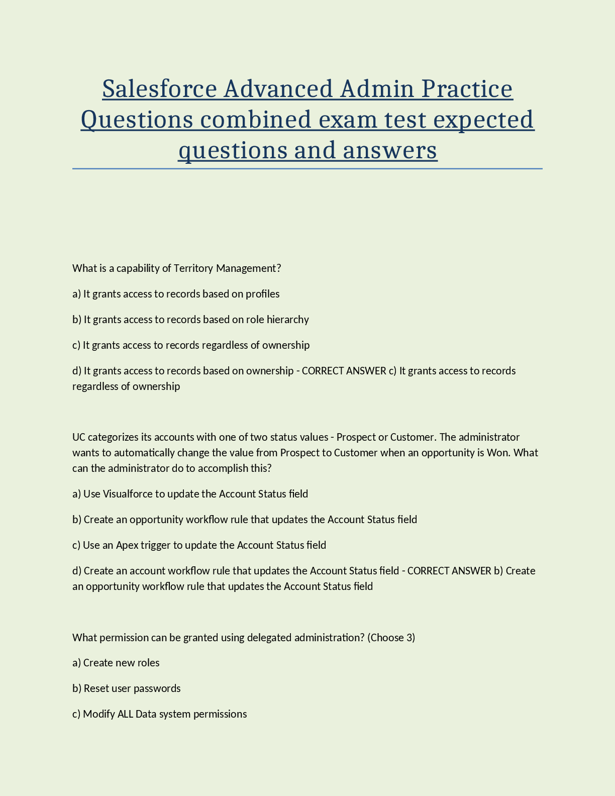 Salesforce Advanced Admin Practice  Questions combined exam test expected  questions and answers
