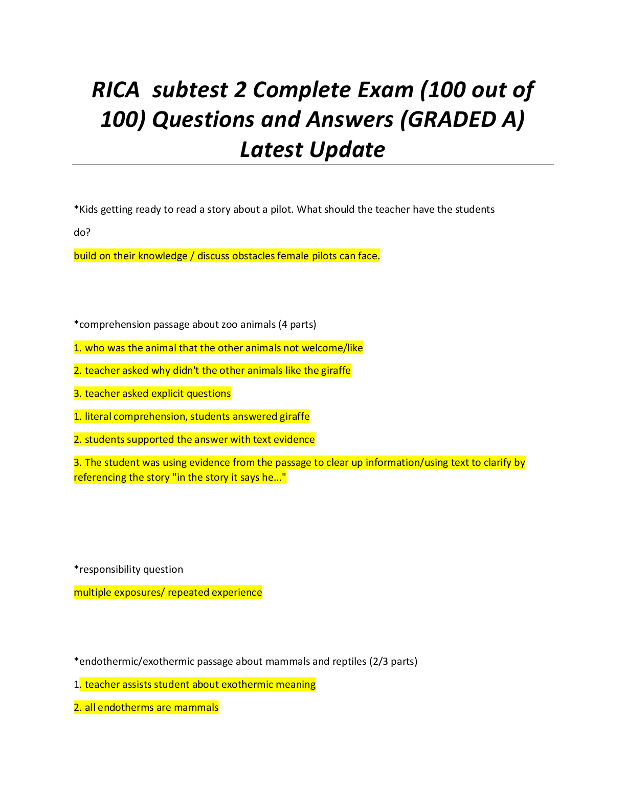 Preview image for RICA  subtest 2 Complete Exam (100 out of  100) Questions and Answers (GRADED A)  Latest Update