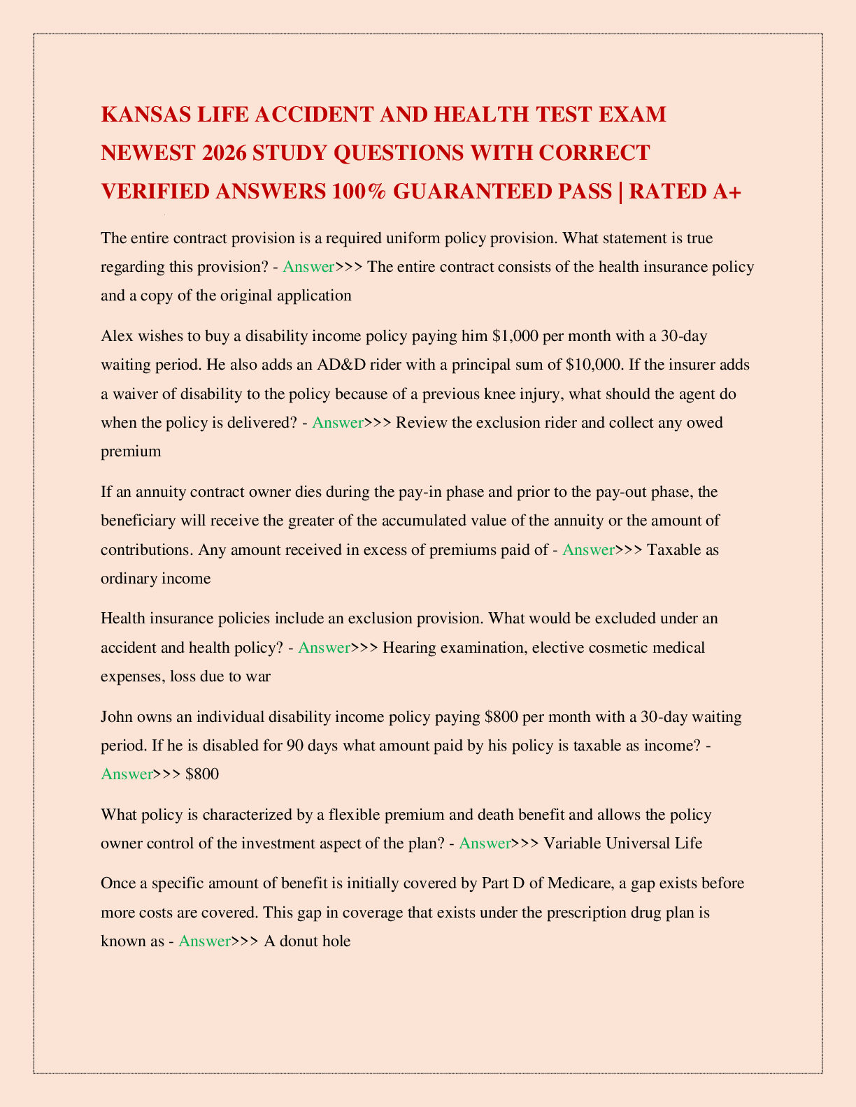 Preview image for KANSAS LIFE ACCIDENT AND HEALTH TEST EXAM NEWEST 2026 STUDY QUESTIONS WITH CORRECT VERIFIED ANSWERS 100% GUARANTEED PASS | RATED A+