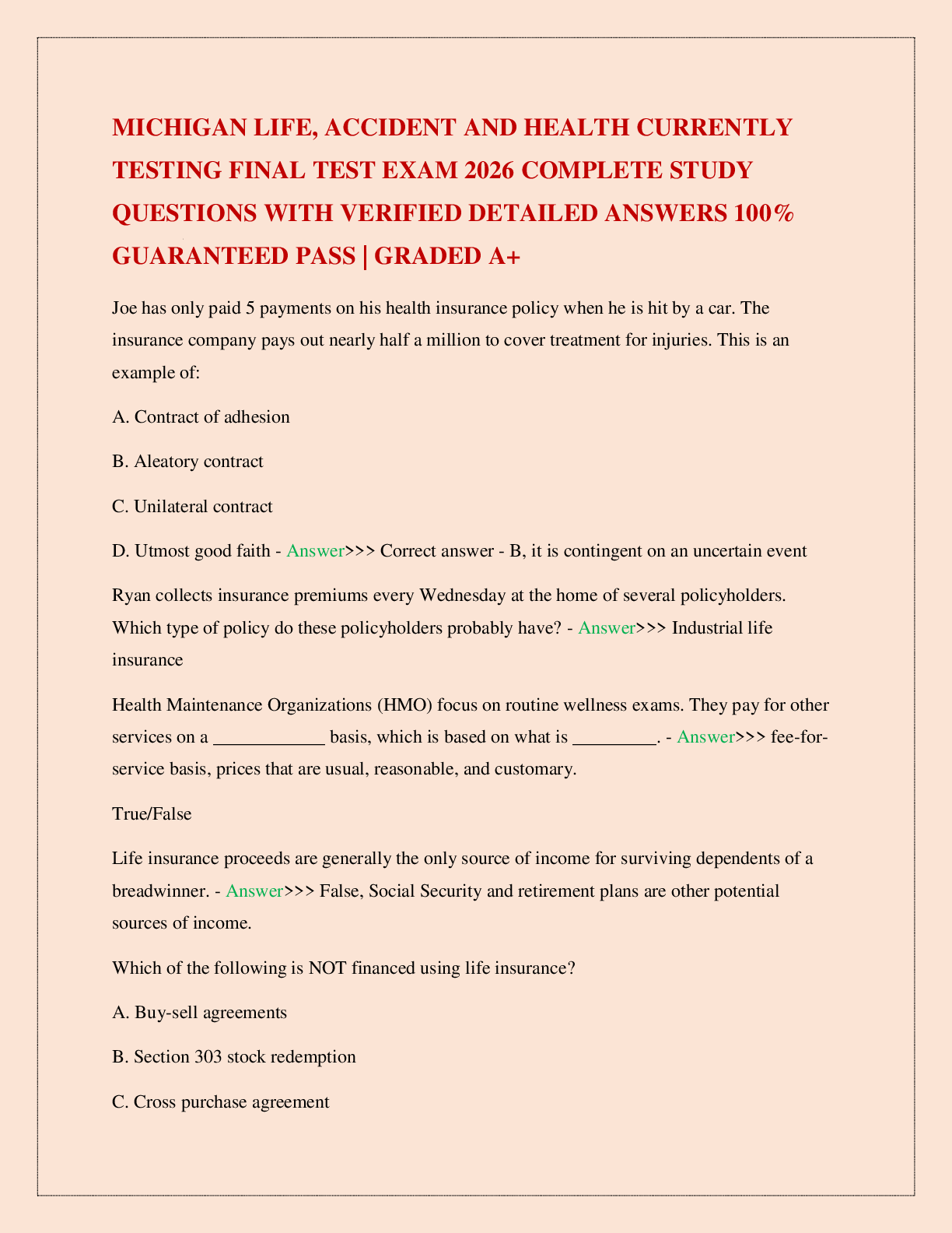Preview image for MICHIGAN LIFE, ACCIDENT AND HEALTH CURRENTLY TESTING FINAL TEST EXAM 2026 COMPLETE STUDY QUESTIONS WITH VERIFIED DETAILED ANSWERS 100% GUARANTEED PASS | GRADED A+
