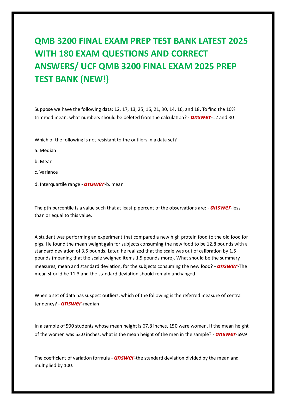 Preview of QMB 3200 FINAL EXAM PREP TEST BANK LATEST 2025  WITH 180 EXAM QUESTIONS AND CORRECT  ANSWE