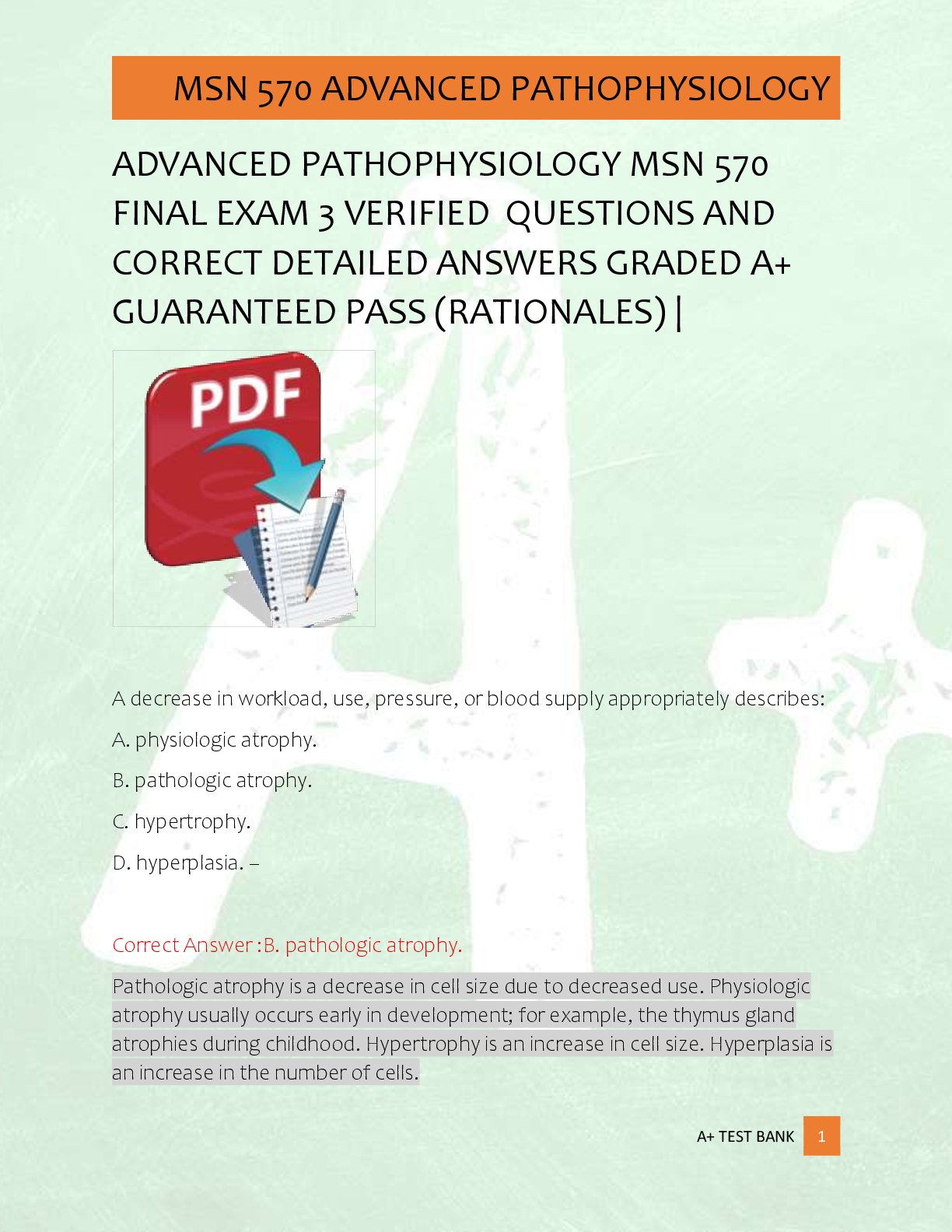 Recommended document preview for ADVANCED PATHOPHYSIOLOGY MSN 570   FINAL EXAM 3 VERIFIED  QUESTIONS AND  CORRECT DETAILED ANSWERS GRADED A+  GUARANTEED PASS (RATIONALES) |