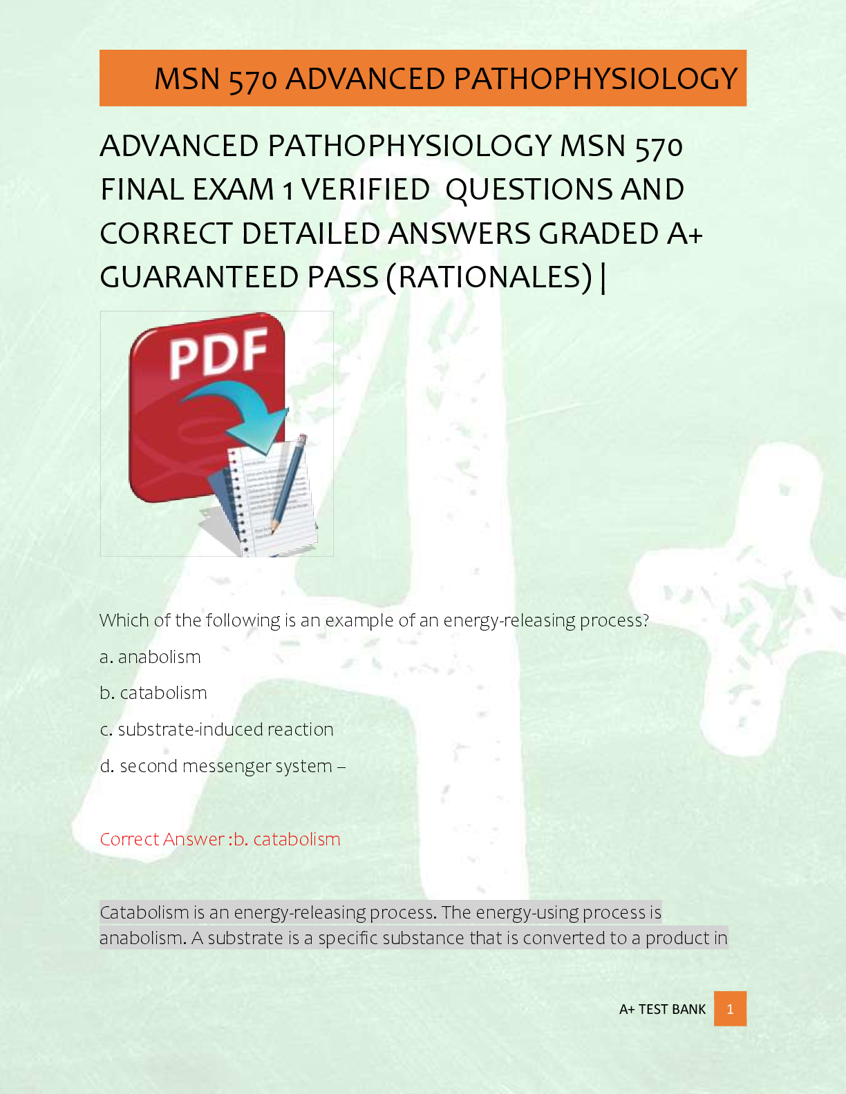 Recommended document preview for ADVANCED PATHOPHYSIOLOGY MSN 570   FINAL EXAM 1 VERIFIED  QUESTIONS AND  CORRECT DETAILED ANSWERS GRADED A+  GUARANTEED PASS (RATIONALES) |