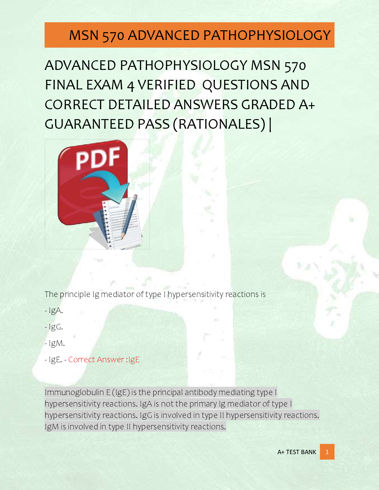 Recommended document preview for ADVANCED PATHOPHYSIOLOGY MSN 570   FINAL EXAM 4 VERIFIED  QUESTIONS AND  CORRECT DETAILED ANSWERS GRADED A+  GUARANTEED PASS (RATIONALES) |