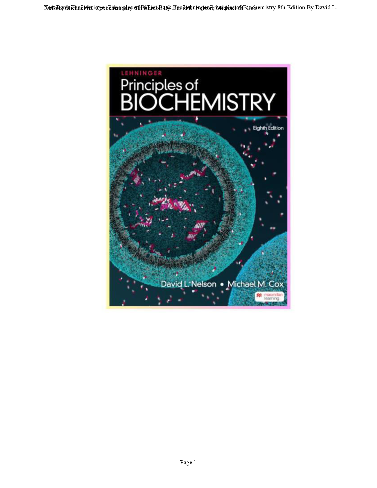 Preview image for Test Bank For Lehninger Principles of Biochemistry 8th Edition By David L. Nelson; Michael M. Cox Complete All Chapters 1-28! ALREADY RATED A+ 100% CORRECT ANSWERS