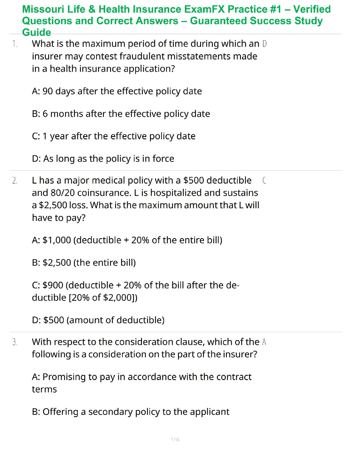 Missouri Life & Health Insurance ExamFX Practice #1 – Verified Questions and Correct Answers – Guaranteed Success Study Guide