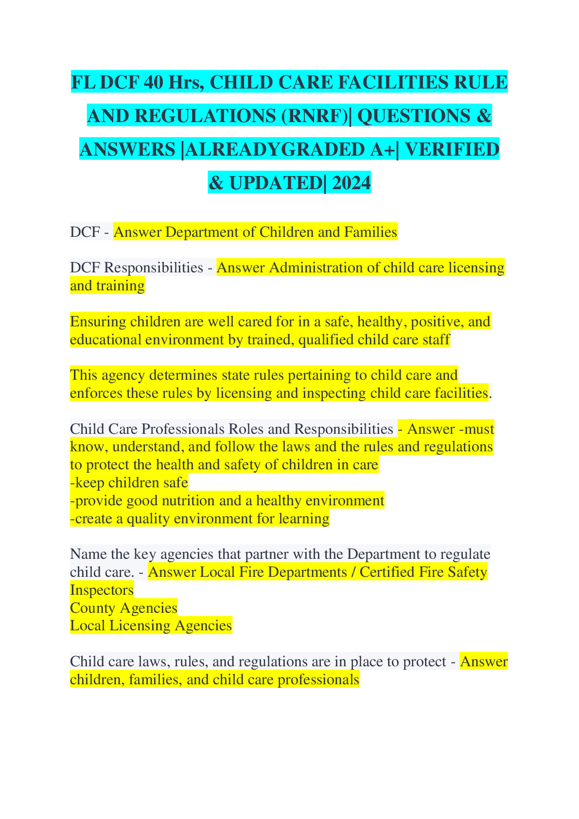 Preview of FL DCF 40 Hrs, CHILD CARE FACILITIES RULE  AND REGULATIONS (RNRF)| QUESTIONS &  ANSWERS |A