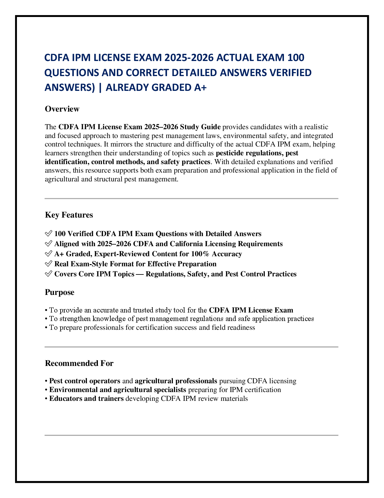 Preview of CDFA IPM LICENSE EXAM 2025-2026 ACTUAL EXAM 100   QUESTIONS AND CORRECT DETAILED ANSWERS VERIFIED ANSWERS) | ALREADY GRADED A+
