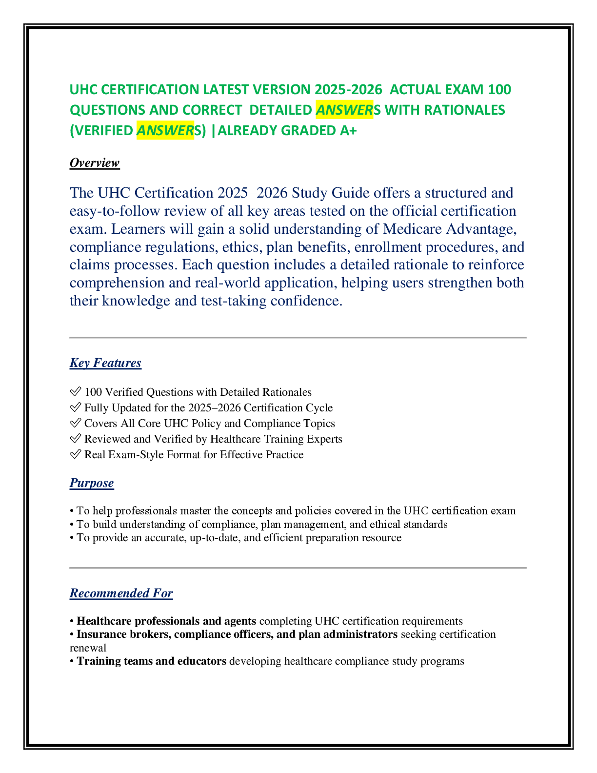 UHC CERTIFICATION LATEST VERSION 2025-2026  ACTUAL EXAM 100 QUESTIONS AND CORRECT  DETAILED ANSWERS WITH RATIONALES (VERIFIED ANSWERS) |ALREADY GRADED A+