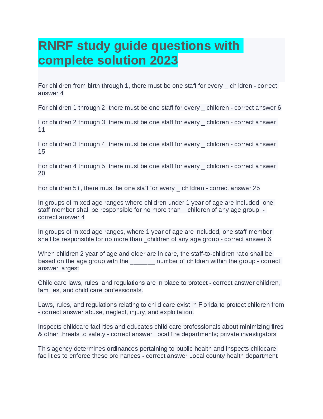 Preview image for RNRF study guide questions with  complete solution 2023