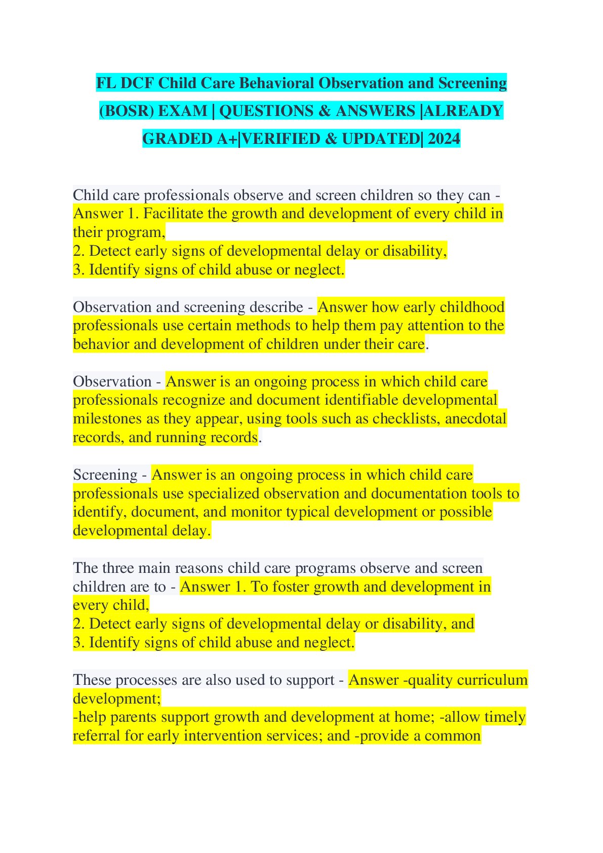 Preview of FL DCF Child Care Behavioral Observation and Screening  (BOSR) EXAM | QUESTIONS & ANSWERS |ALREADY  GRADED A+|VERIFIED & UPDATED| 2024