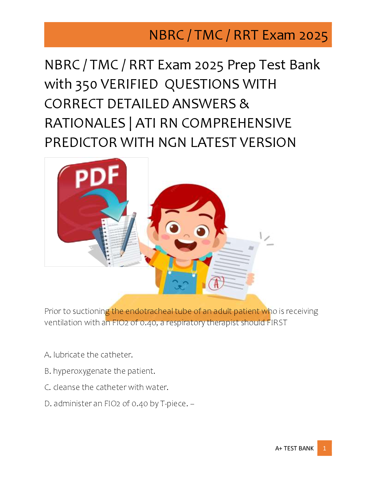 Preview of NBRC / TMC / RRT Exam 2025 Prep Test Bank  with 350 VERIFIED  QUESTIONS WITH  CORRECT DETAILED ANSWERS &amp;  RATIONALES | ATI RN COMPREHENSIVE  PREDICTOR WITH NGN LATEST VERSION