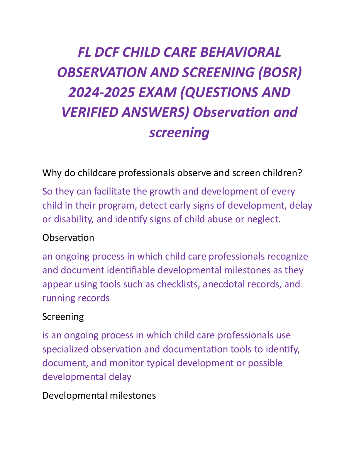 Preview of FL DCF CHILD CARE BEHAVIORAL  OBSERVATION AND SCREENING (BOSR)  2024-2025 EXAM (QUESTIONS AND  VERIFIED ANSWERS) Observation and  screening