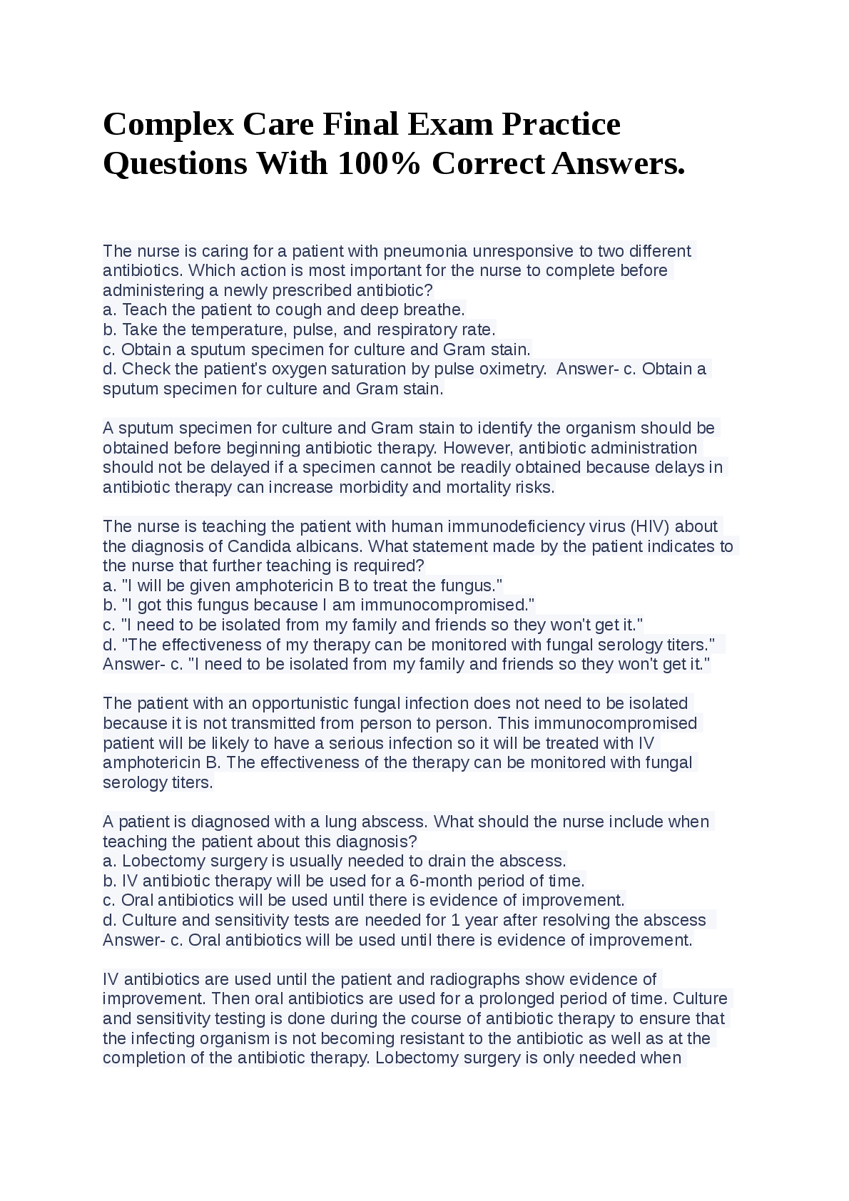 Preview image for Complex Care Final Exam Practice  Questions With 100% Correct Answers.