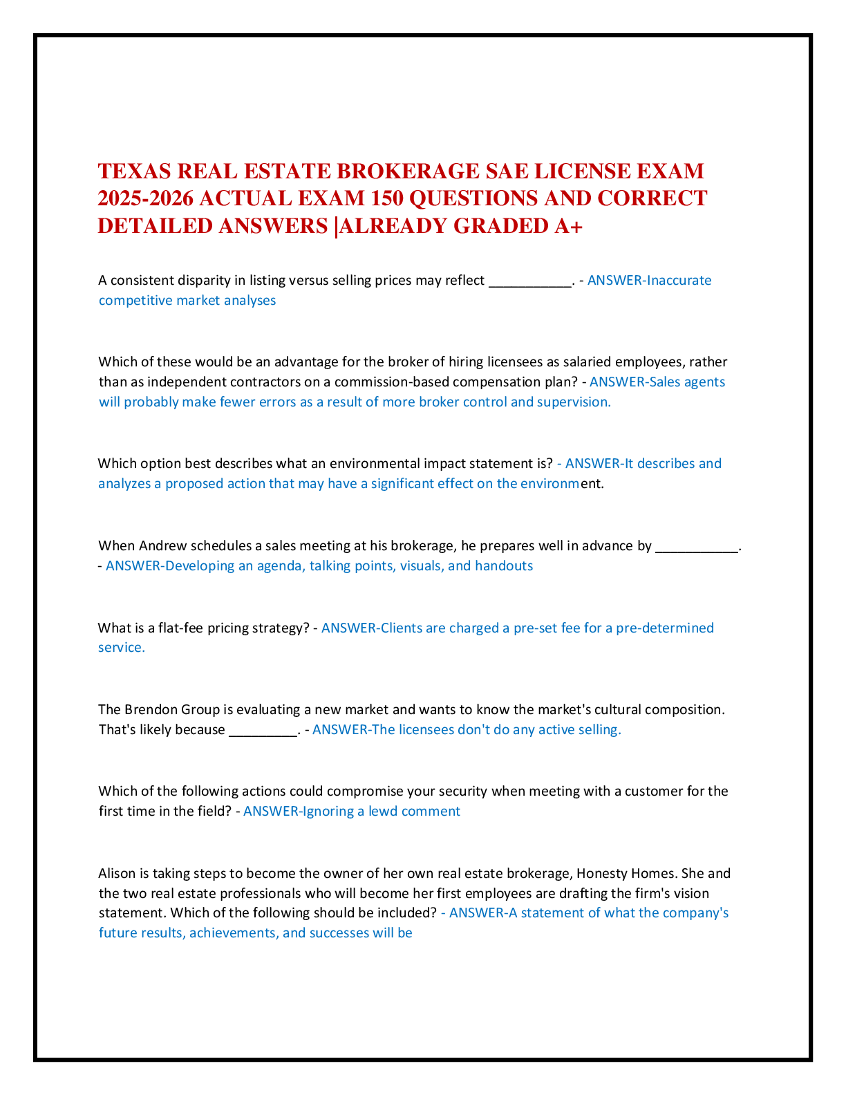TEXAS REAL ESTATE BROKERAGE SAE LICENSE EXAM   2025-2026 ACTUAL EXAM 150 QUESTIONS AND CORRECT   DETAILED ANSWERS |ALREADY GRADED A+