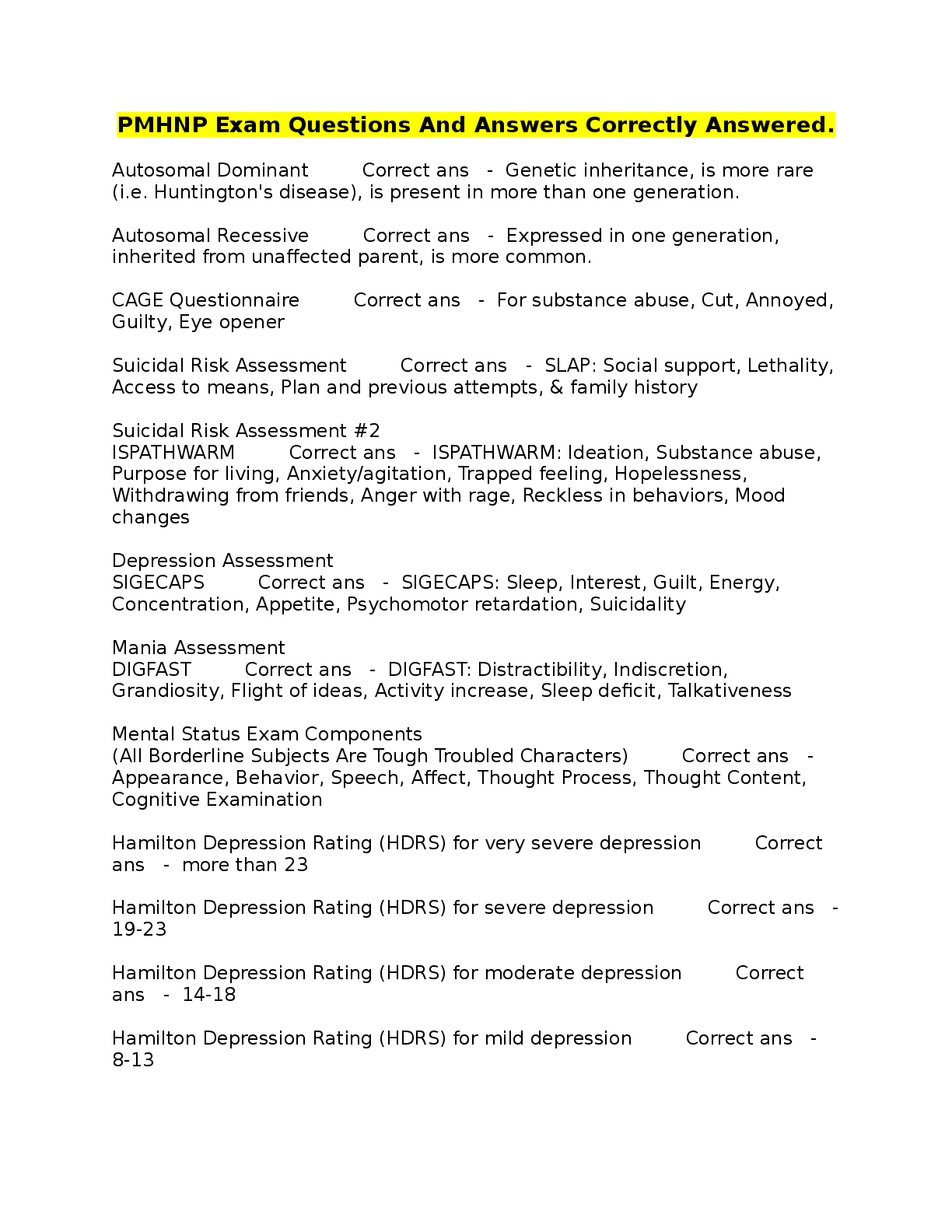 Preview image for PMHNP Exam Questions And Answers Correctly Answered.
