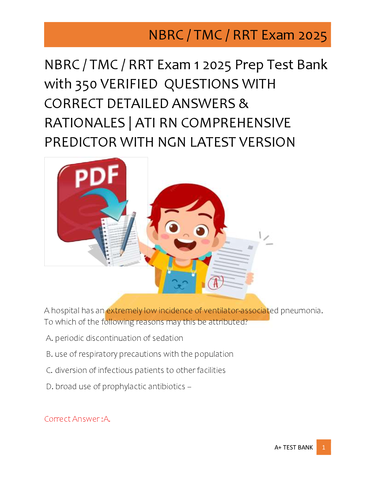 Preview of NBRC / TMC / RRT Exam 1 2025 Prep Test Bank  with 350 VERIFIED  QUESTIONS WITH  CORRECT DETAILED ANSWERS &amp;  RATIONALES | ATI RN COMPREHENSIVE  PREDICTOR WITH NGN LATEST VERSION