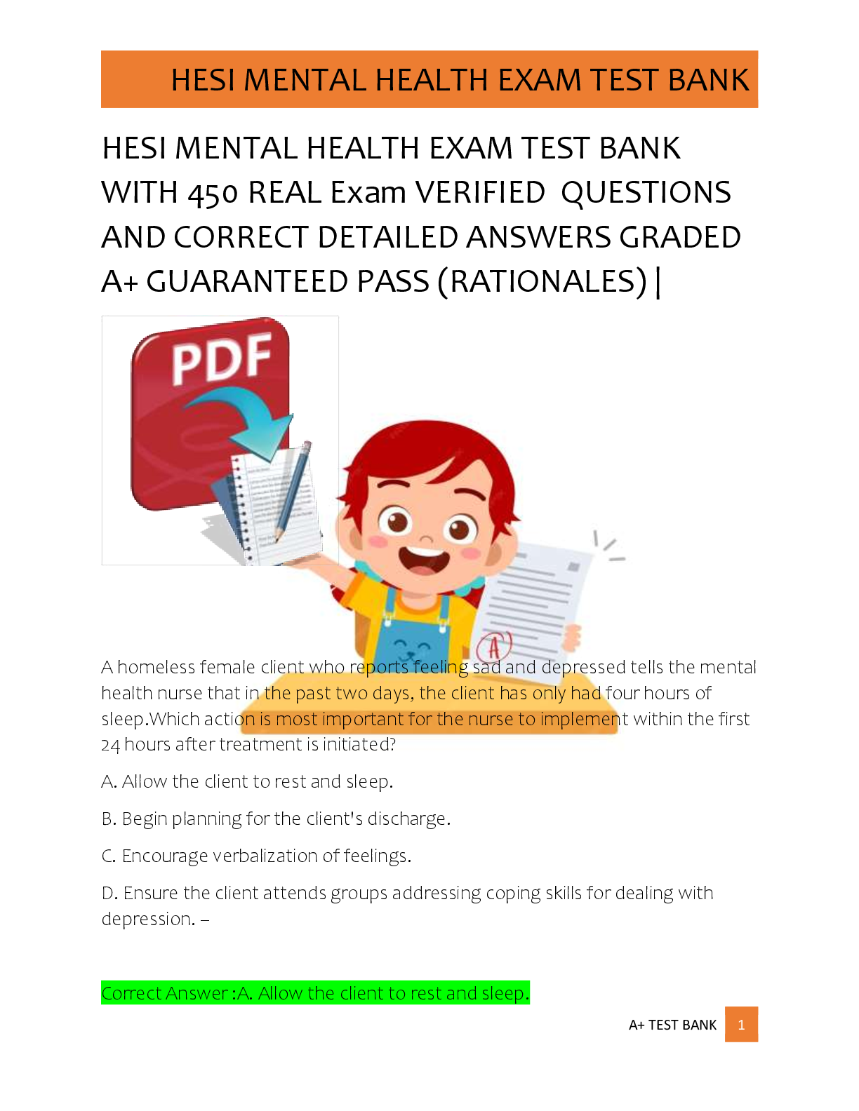 Preview of HESI MENTAL HEALTH EXAM TEST BANK  WITH 450 REAL Exam VERIFIED  QUESTIONS  AND CORRECT DET