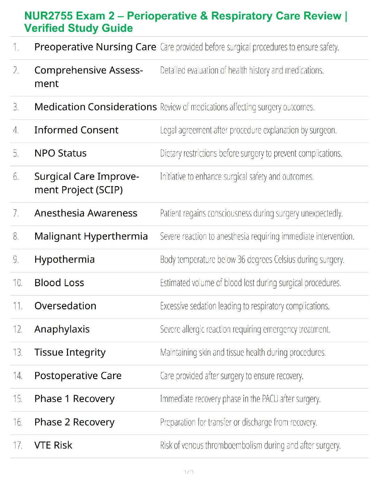 Preview of NUR2755 Exam 2 – Perioperative &amp; Respiratory Care Review | Verified Study Guide