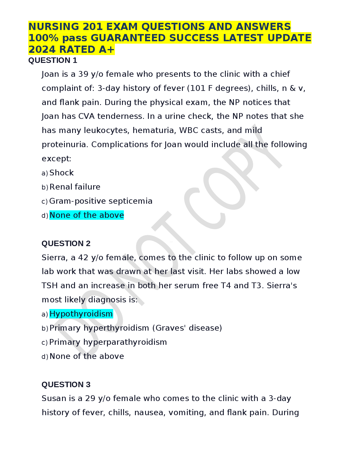 Recommended document preview for NURSING 201 EXAM QUESTIONS AND ANSWERS  100% pass GUARANTEED SUCCESS LATEST UPDATE  2024 RATED A+