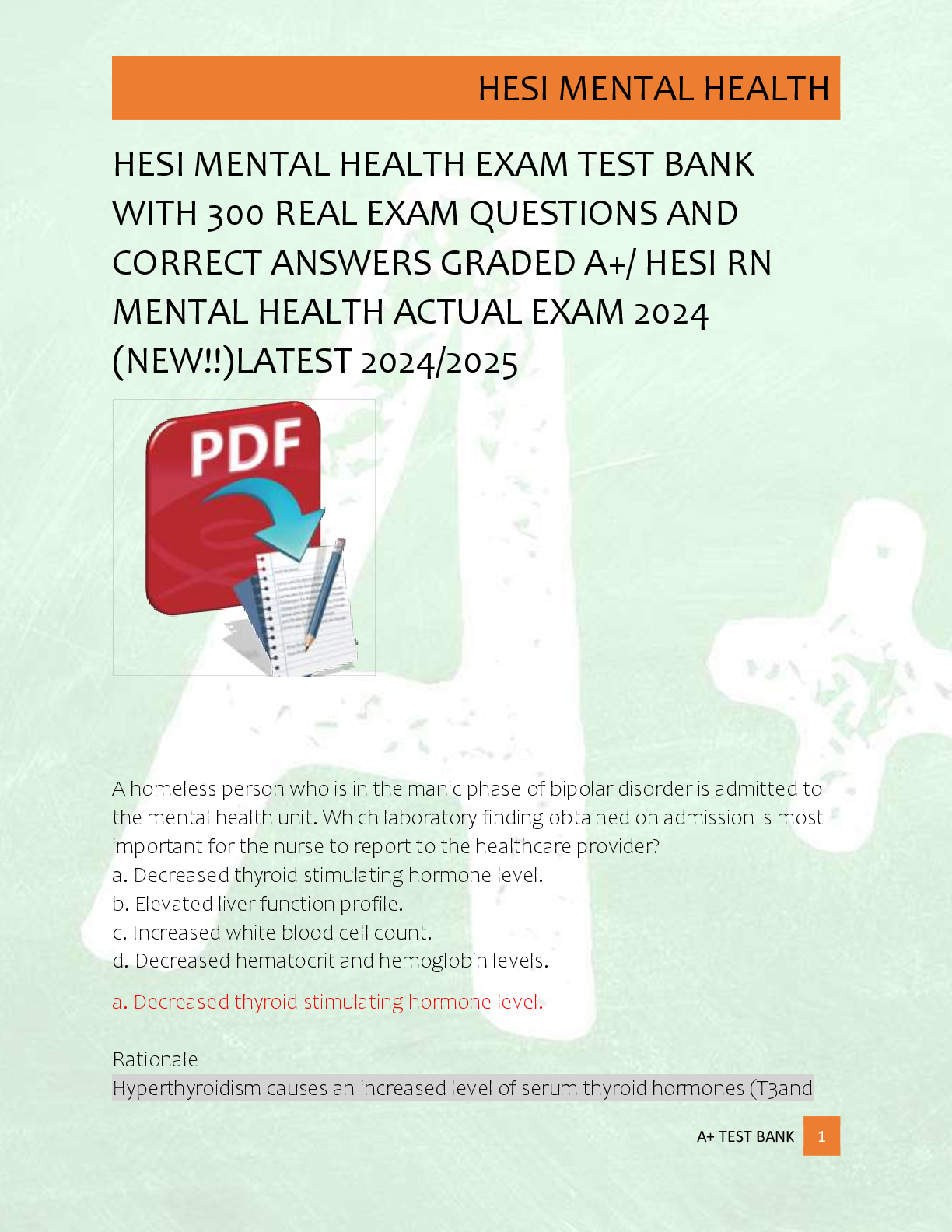 Preview of HESI MENTAL HEALTH EXAM TEST BANK  WITH 300 REAL EXAM QUESTIONS AND  CORRECT ANSWERS GRADE