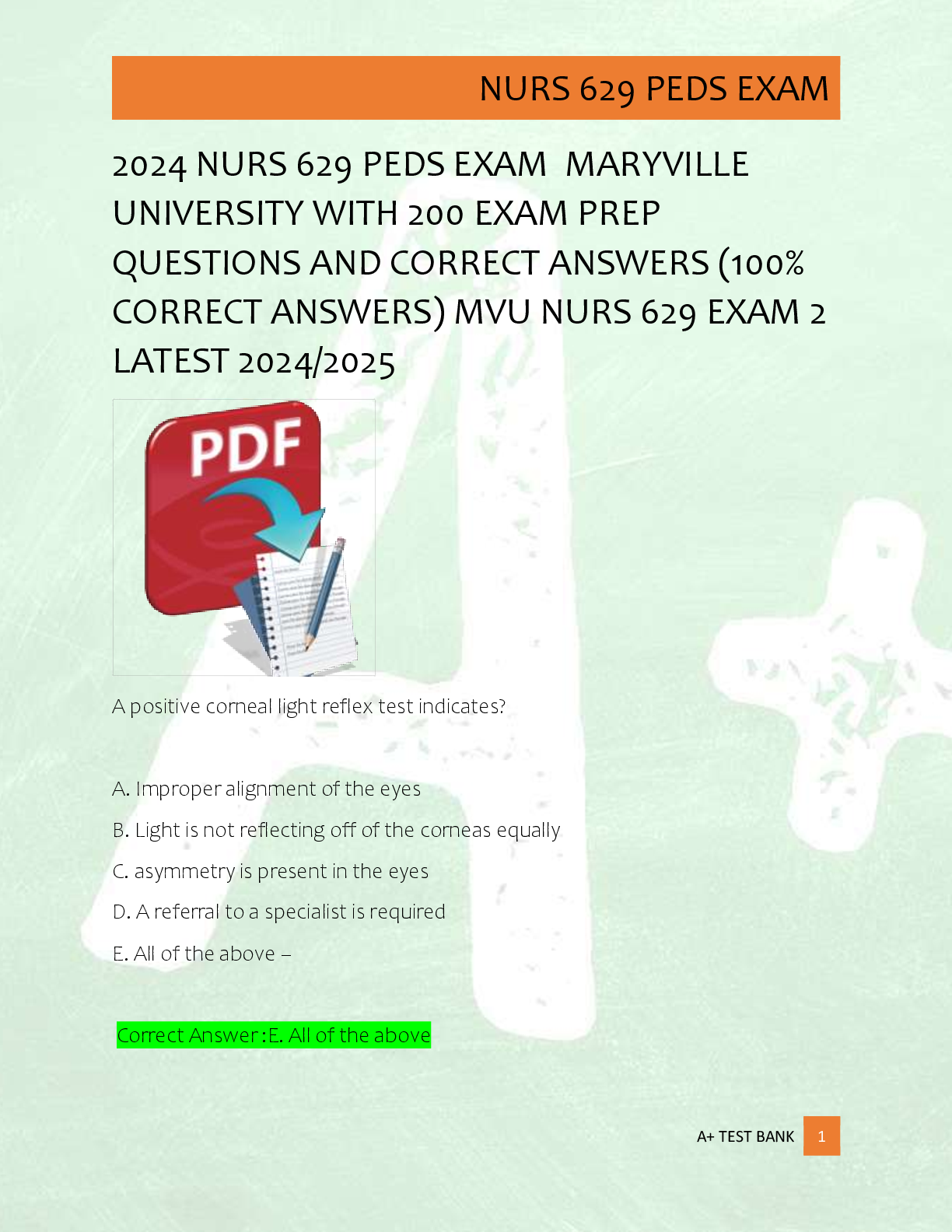 Preview of 2024 NURS 629 PEDS EXAM  MARYVILLE  UNIVERSITY WITH 200 EXAM PREP  QUESTIONS AND CORRECT A