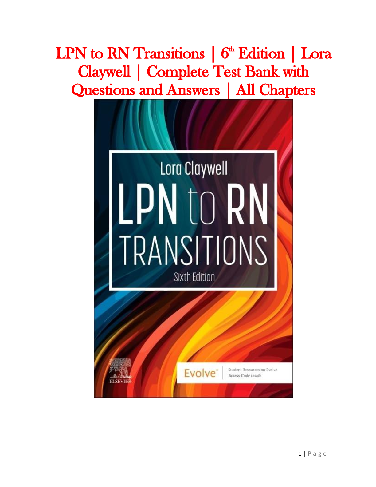 Preview image for LPN to RN Transitions 6th Edition Test Bank | Complete Q&A | All Chapters